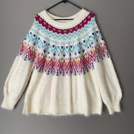 Bright fuzzy sz 2X geo knit winter sweater
