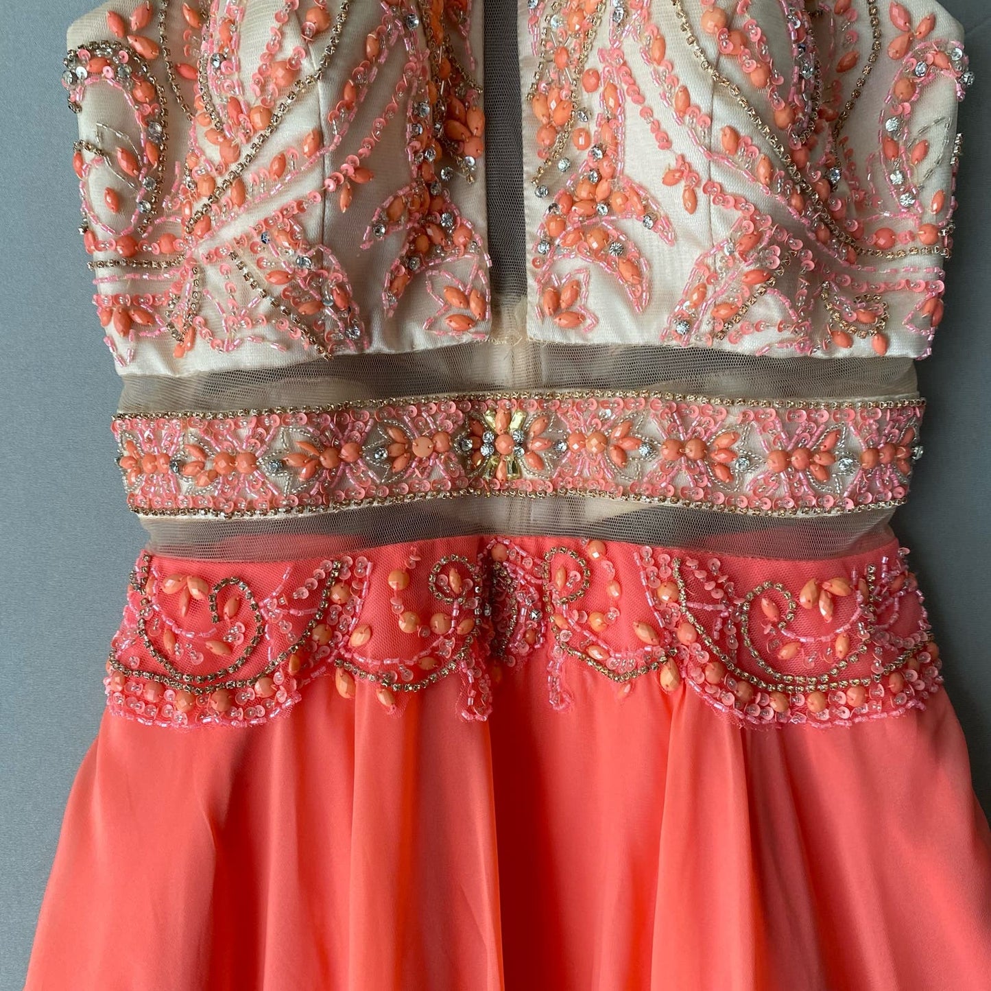 Eureka sz M peach Y2k halter maxi gown beaded sequin cut out dress