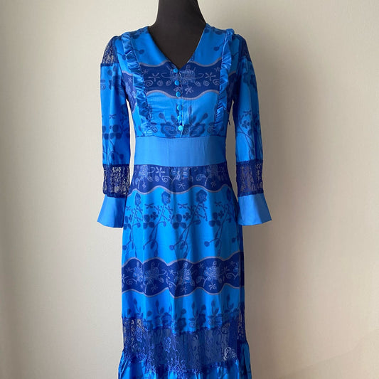 Prairie sz S blue boho maxi long sleeve lace dress