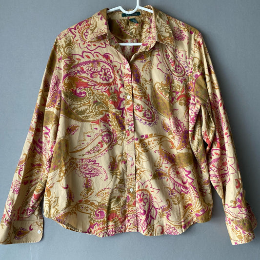 Ralph Lauren sz XL tan pink paisley boho 100% cotton blouse