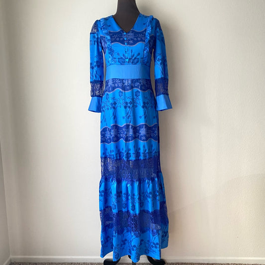 Prairie sz S blue boho maxi long sleeve lace dress