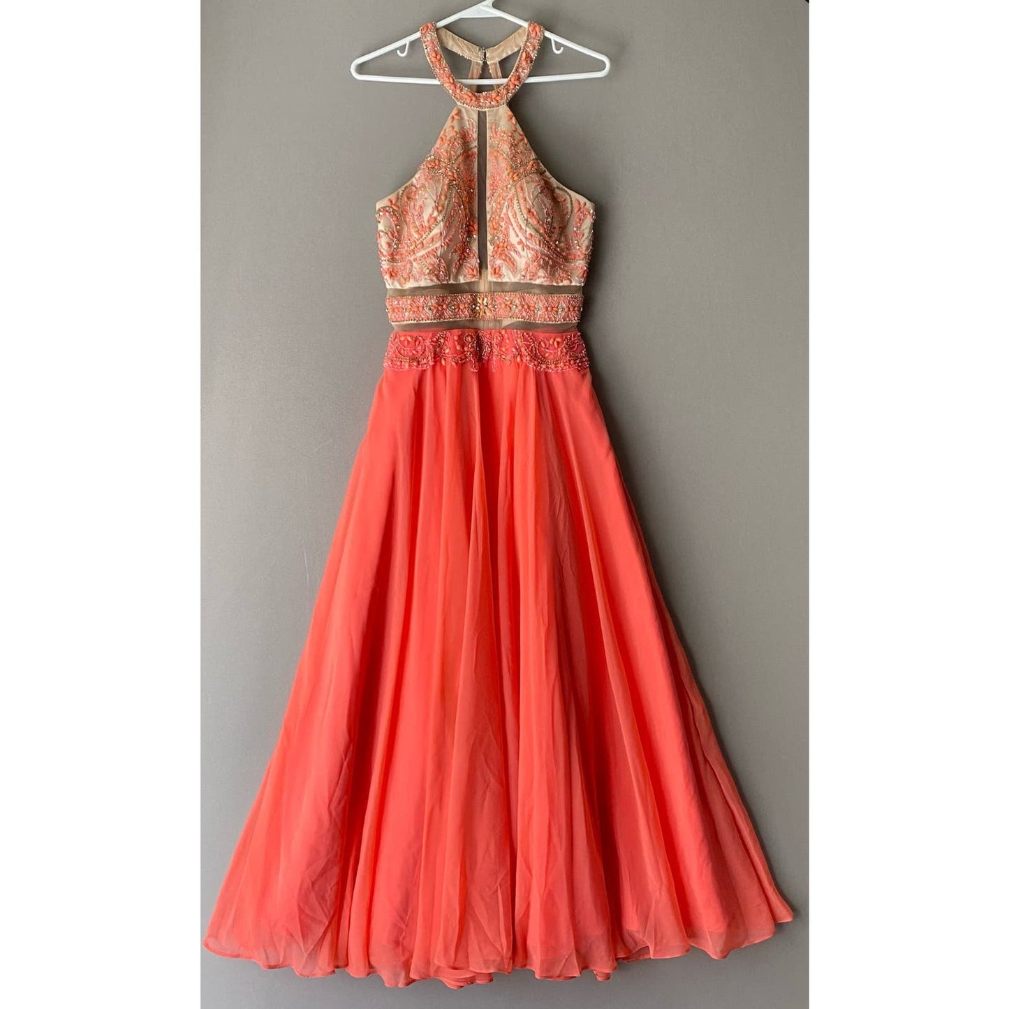 Eureka sz M peach Y2k halter maxi gown beaded sequin cut out dress