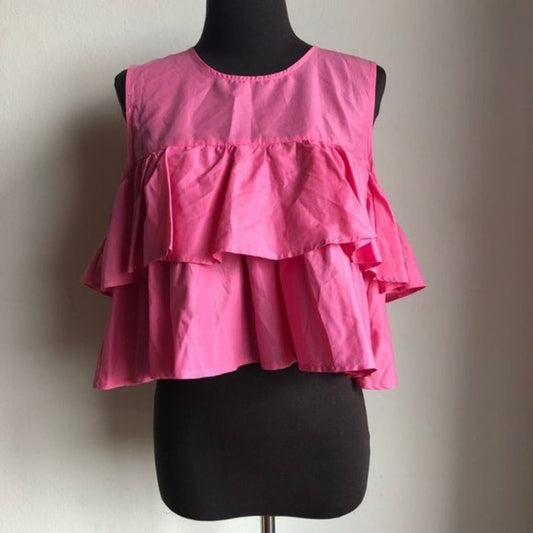 US Polo Assn. sz L pink retro 100% cotton crop ruffle blouse