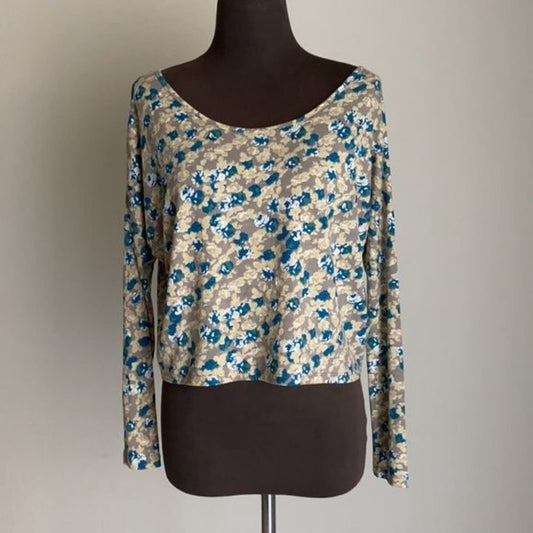 Poof sz S blue tan floral cropped cotton blouse casual top NWT