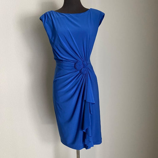 Jones of New York sz 4 blue cap sleeve sheath rosette dress
