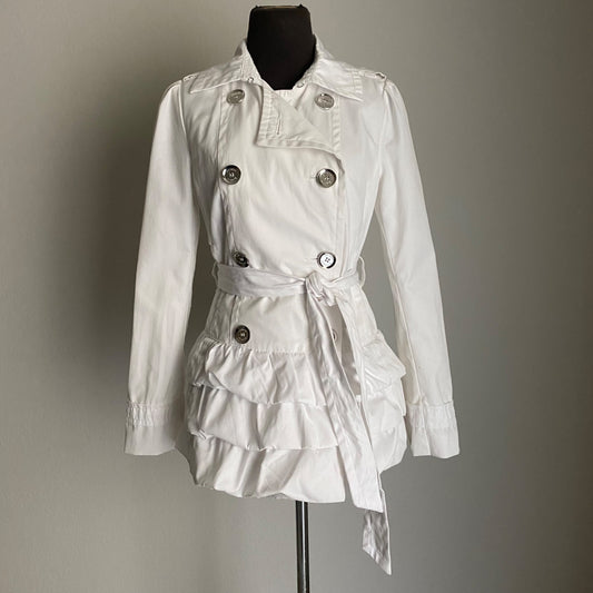 Express sz S cotton ruffle long sleeve double breast belted button jacket trench coat