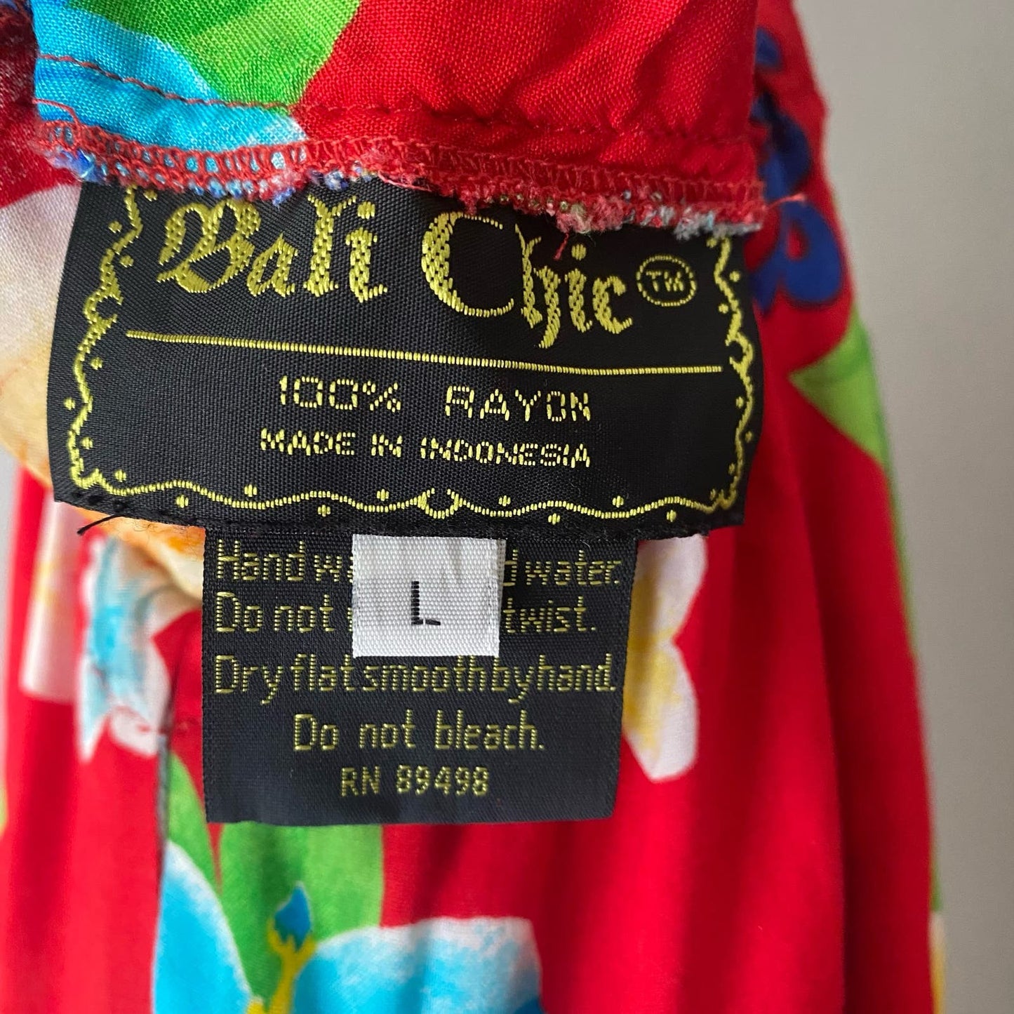 Bali Chic sz L spaghetti strap hibiscus print red maxi vacation beach dress
