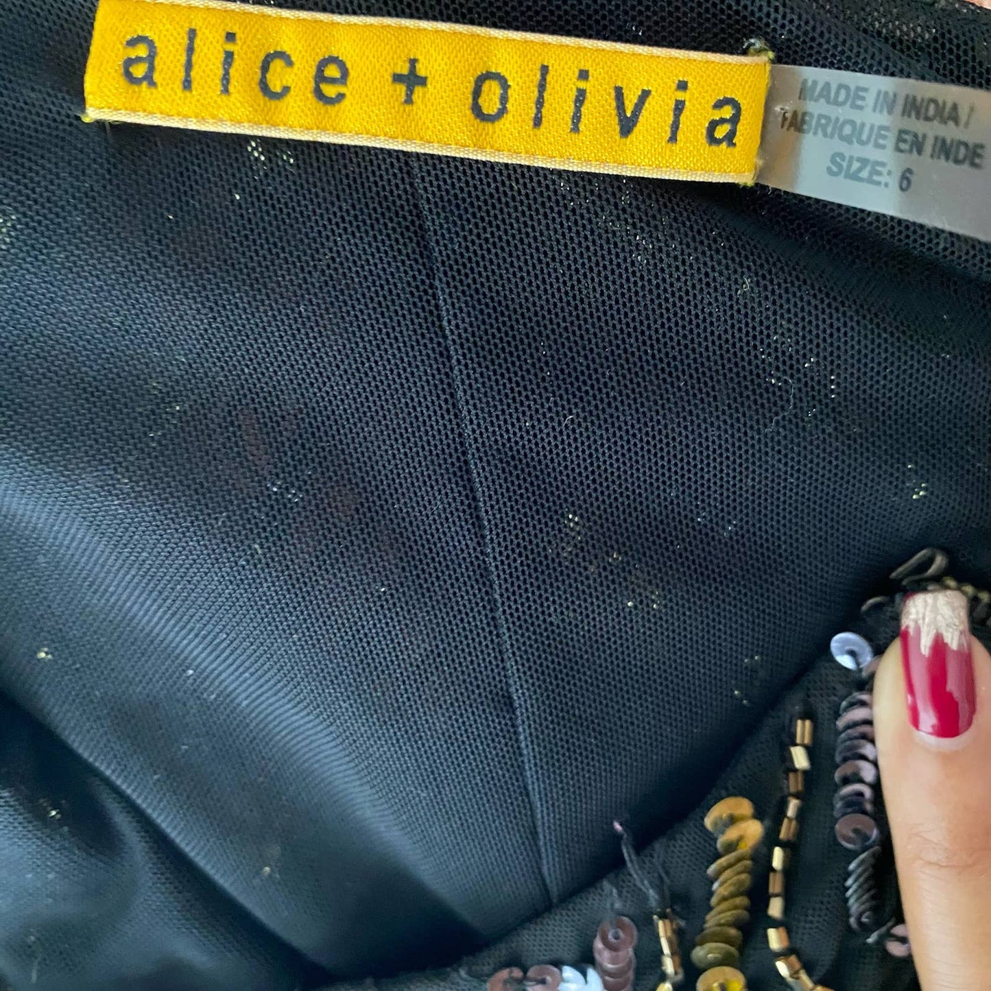 Alice + Olivia sz 6  one shoulder 3/4 sleeve sequin cocktail bodycon dress