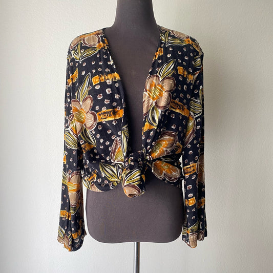 Gilani collection **Vintage** sz XL floral Boho orange navy print open blouse