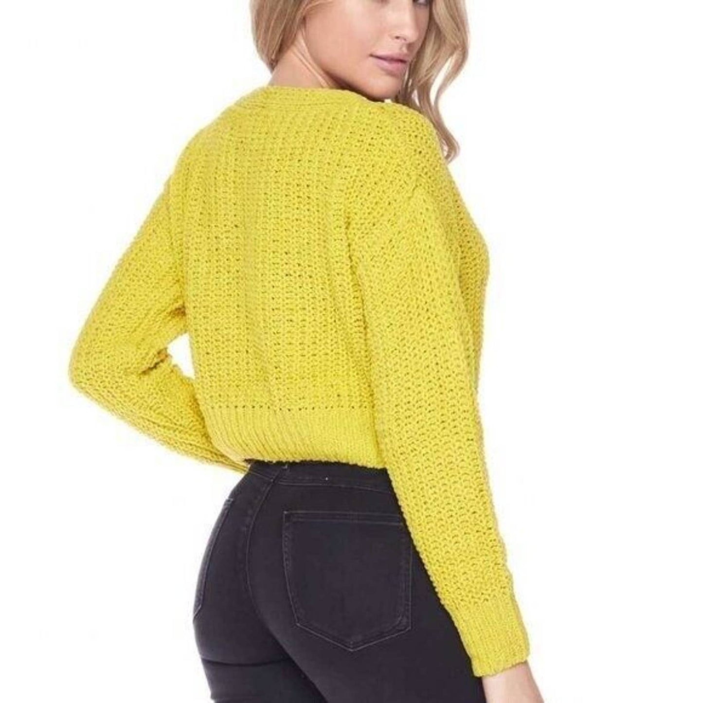 Love Tree sz L Lemonade open knit long sleeve cropped Cardigan sweater