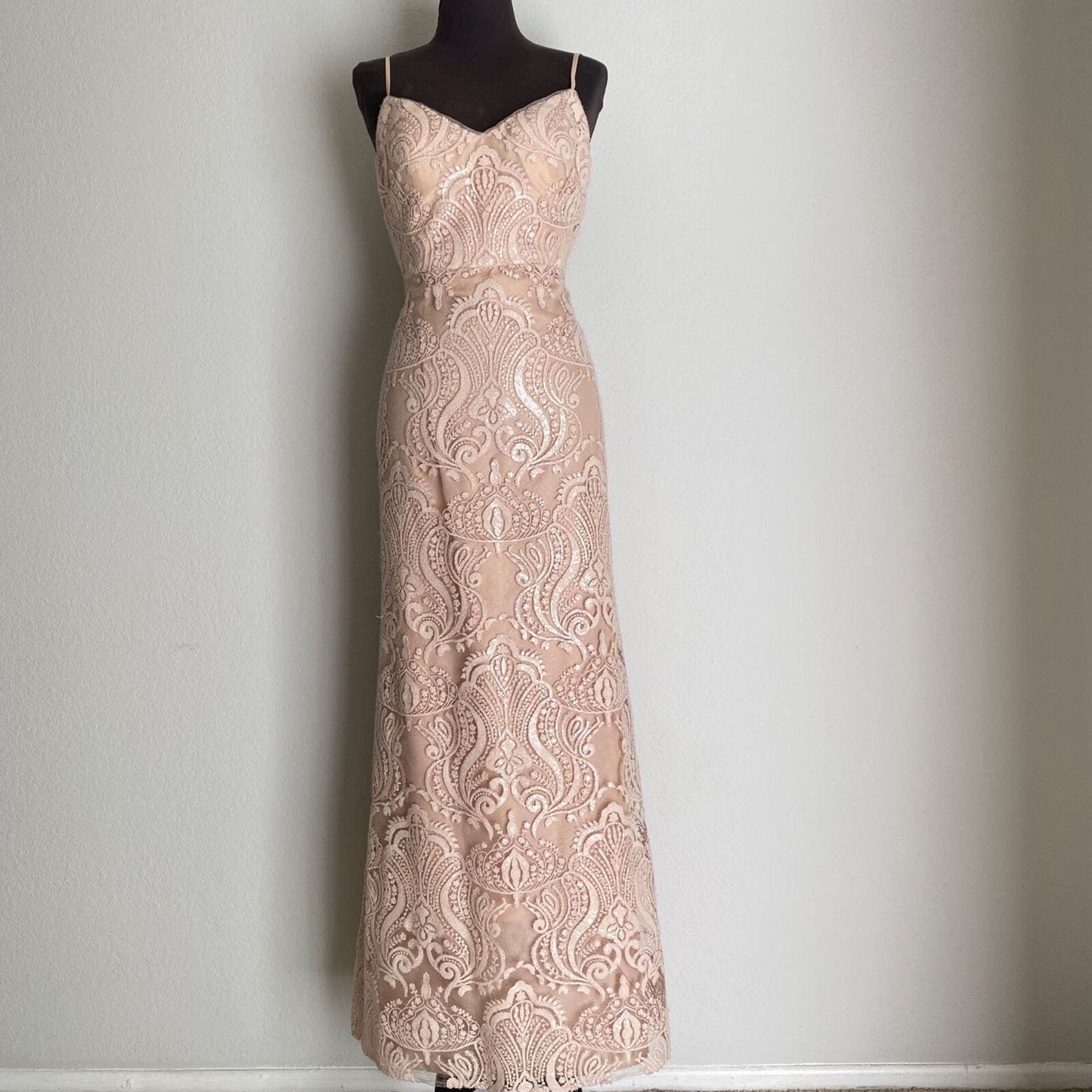 Jenny Yoo sz 8 Spaghetti strap lace maxi dress blush sequin gown
