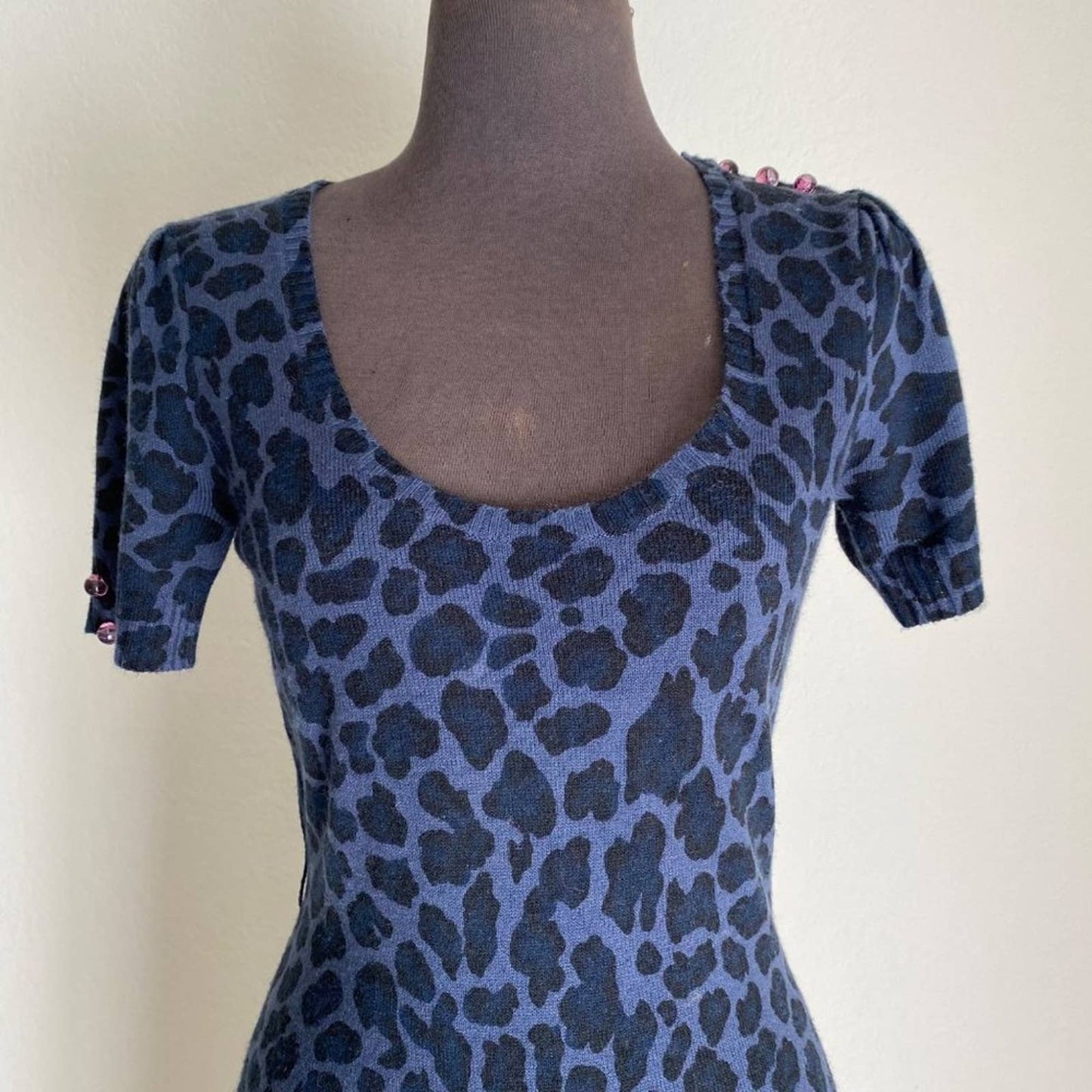 Betsey Johnson sz L animal cheetah print short sleeve scoop midi knit sweater dr