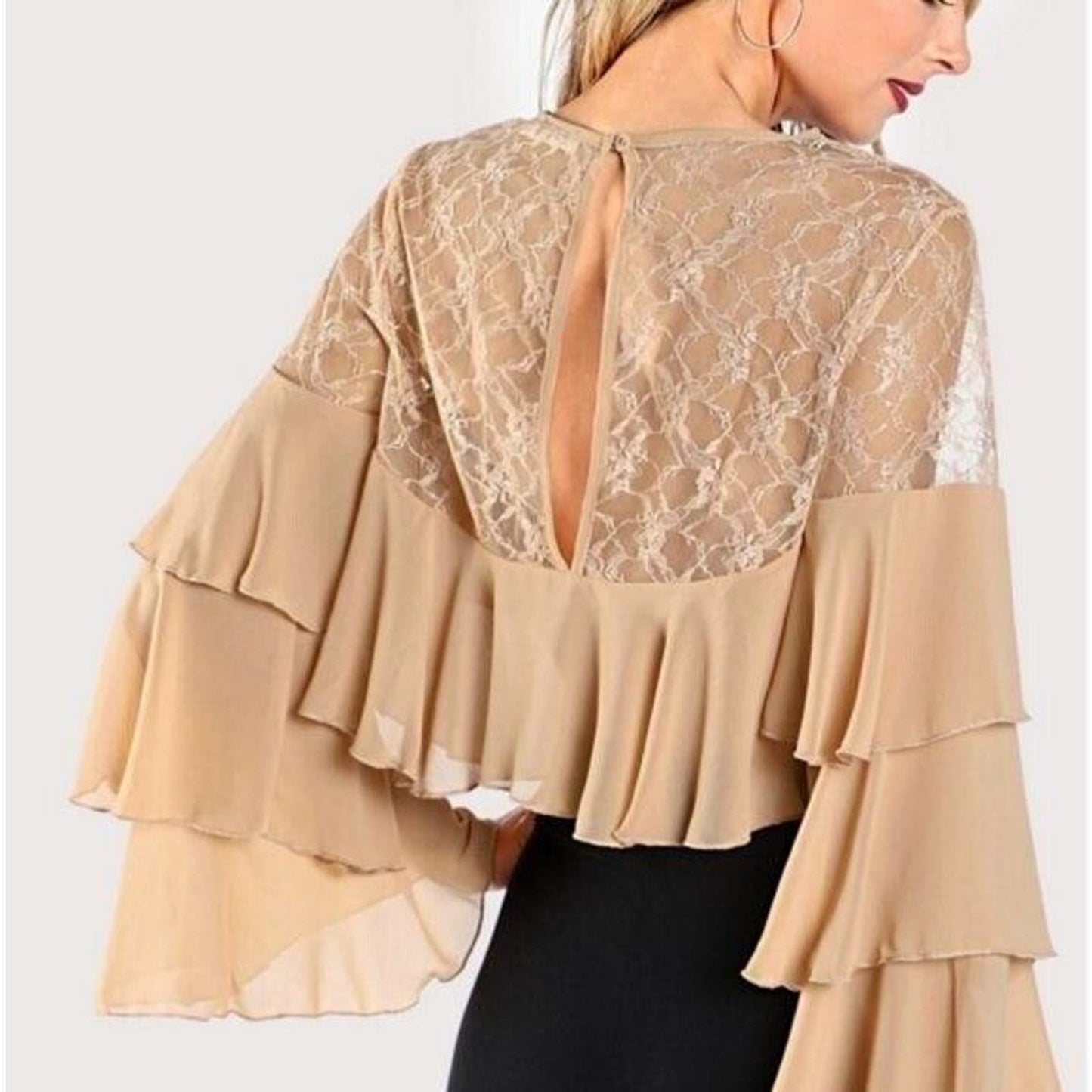 Essue sz M & L Fairytale lace ruffle cropped sheer blouse