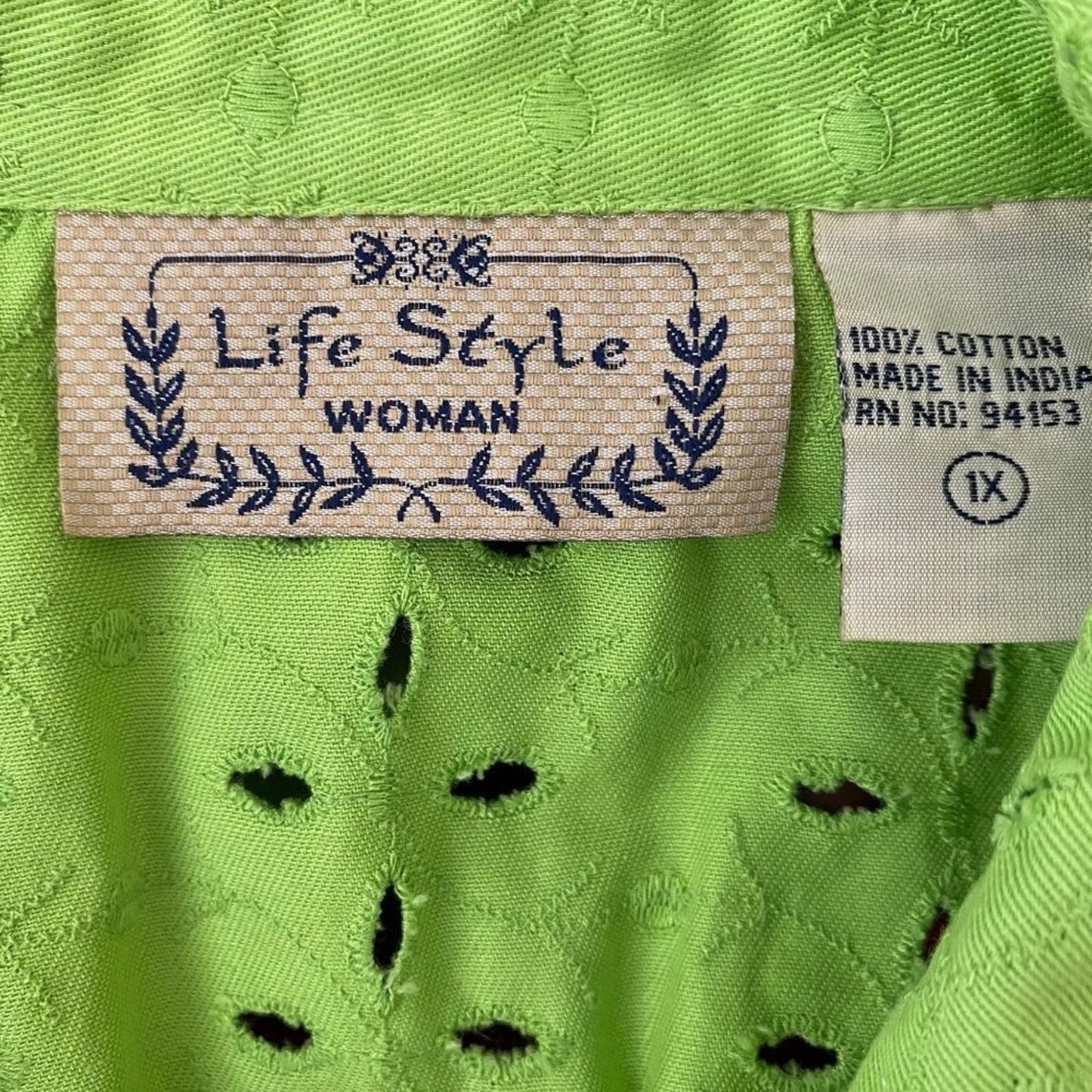 Life Style Woman sz  1X collared 100% cotton button bright neon blouse