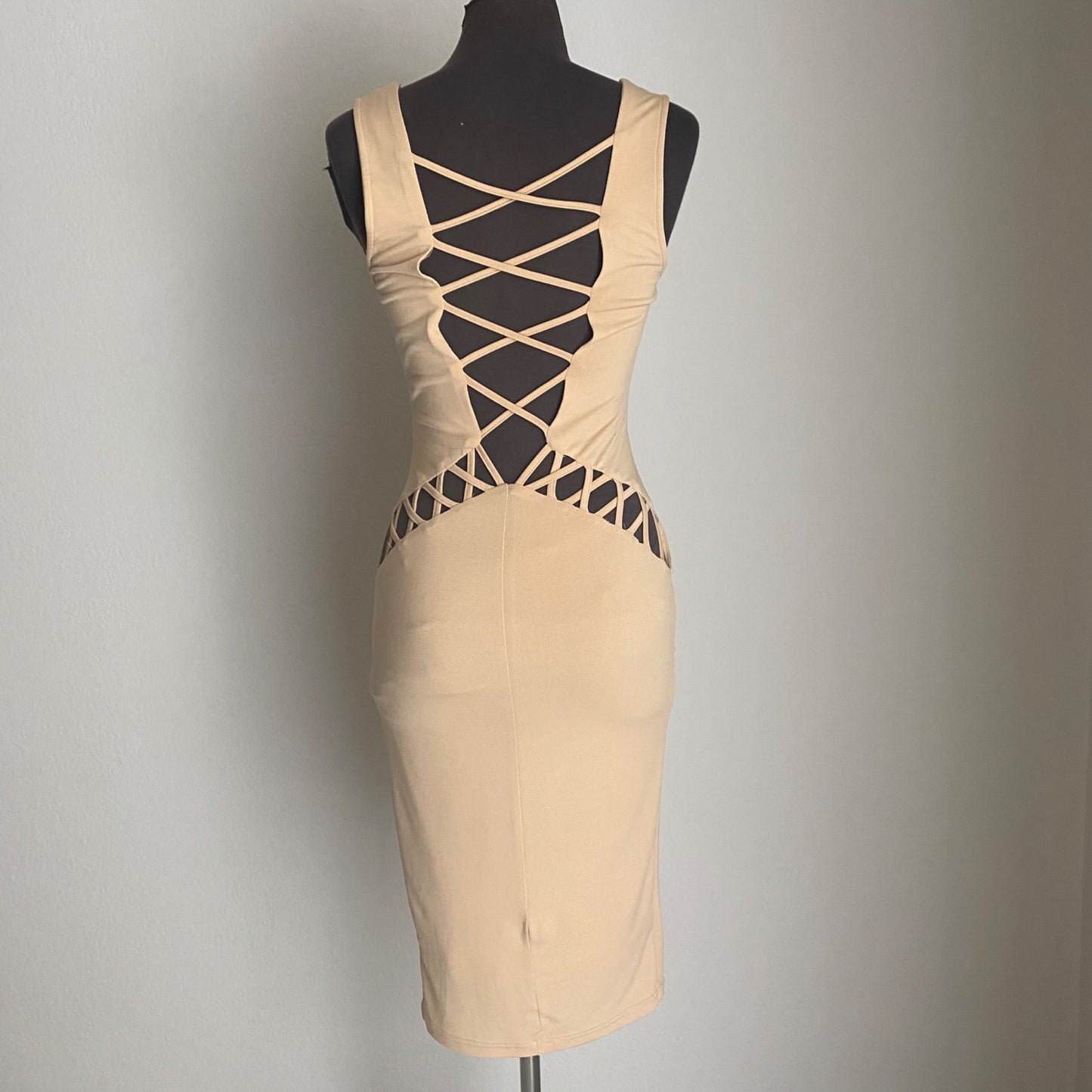Privy sz S Sleeveless lace up cut out sexy fitted midi party dress