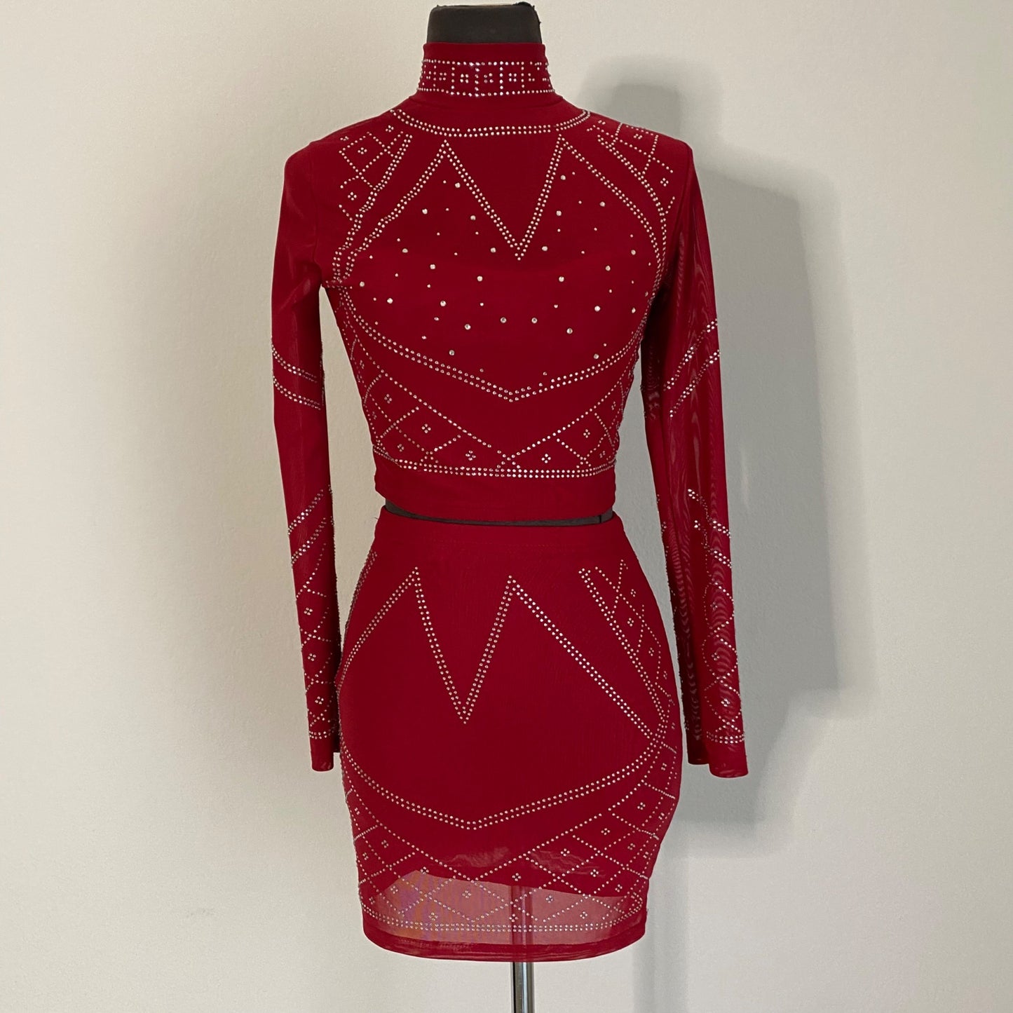 Glamaker sz S Crop top mini skirt Red stone studded set
