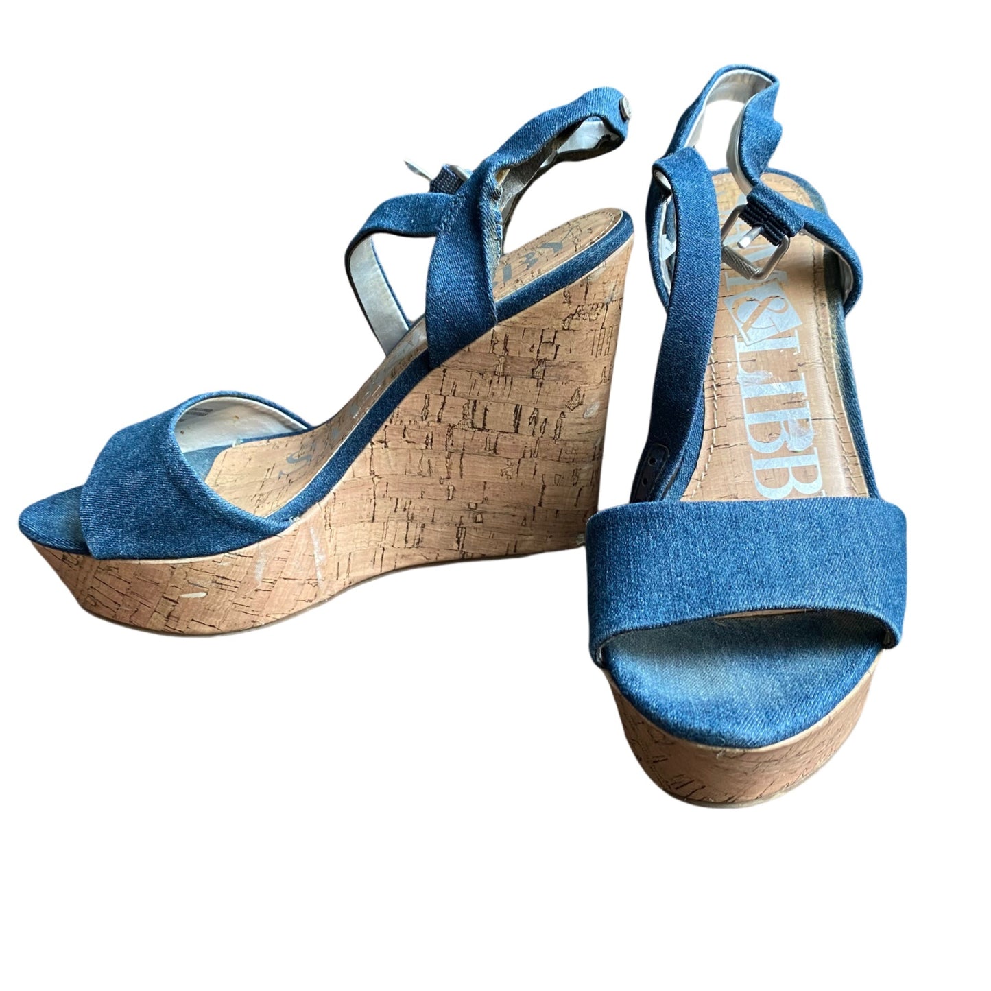 Sam & Libby sz 7.5 ankle strap jean platform 5 " wedge shoes heels