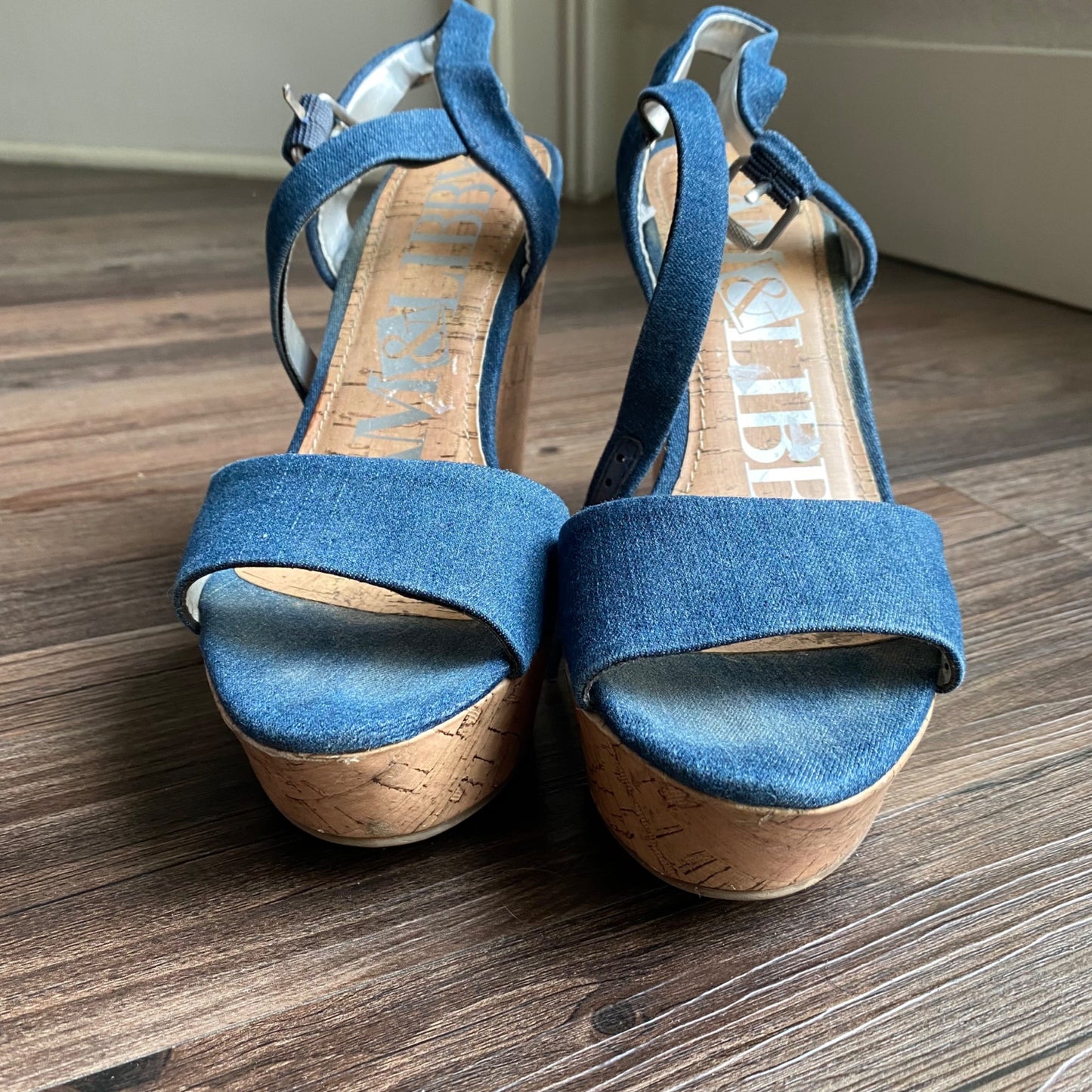 Sam & Libby sz 7.5 ankle strap jean platform 5 " wedge shoes heels