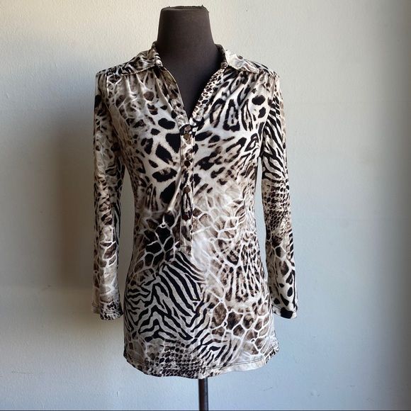 Alfani sz XS animal cheetah print button work career office top blouse