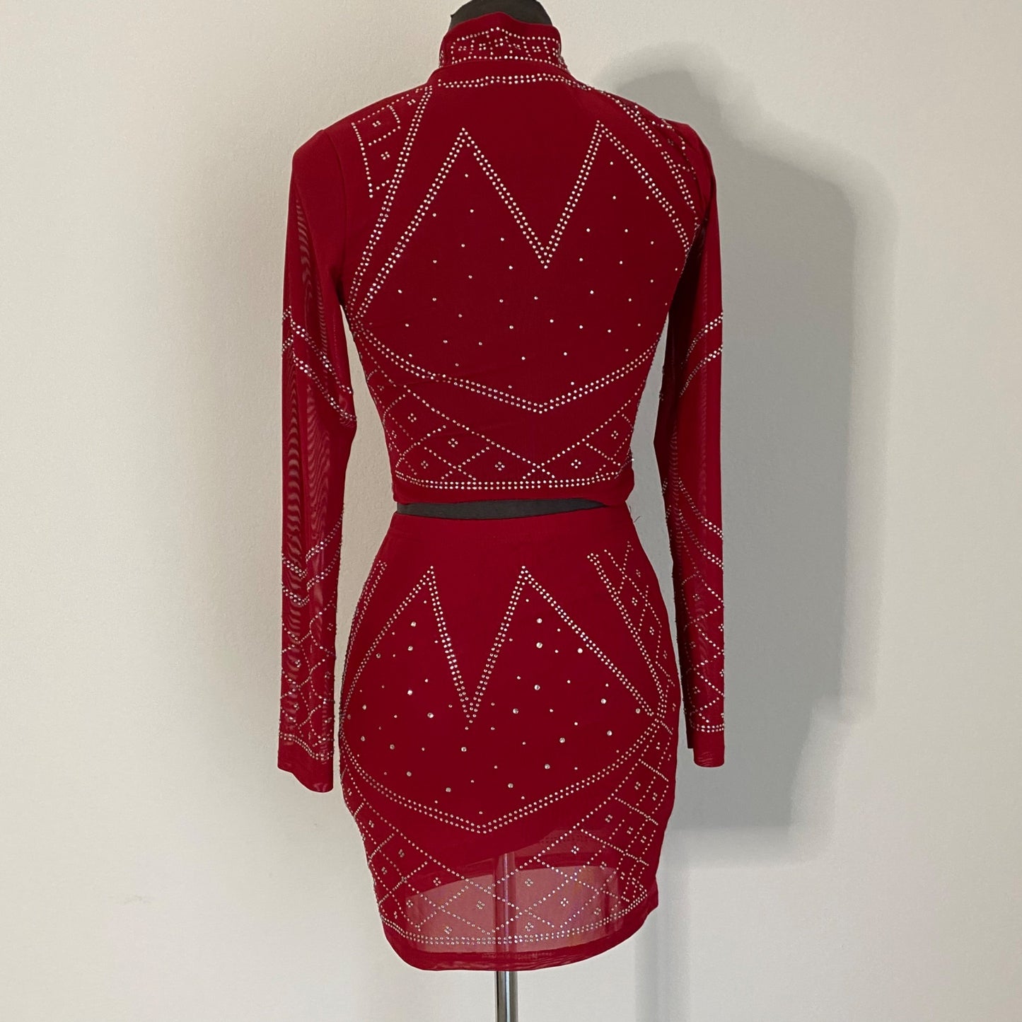 Glamaker sz S Crop top mini skirt Red stone studded set